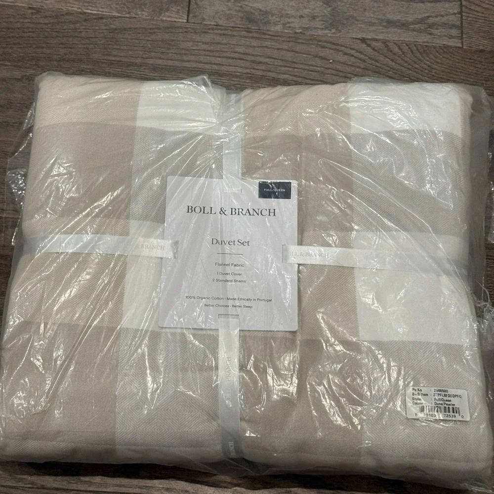 Boll & Branch Flannel Buffalo Check Plaid Duvet Set F/Q Dune/Pewter Organic NIB